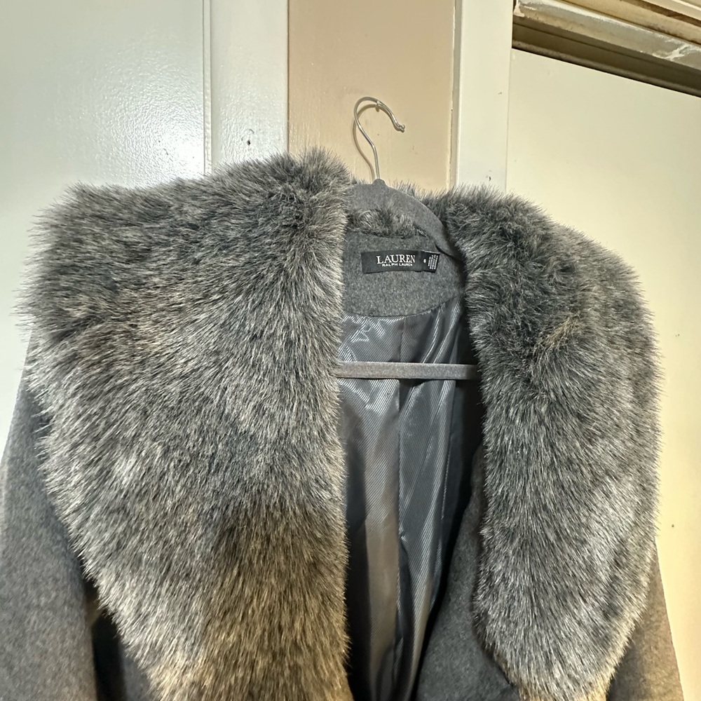 Ralph Lauren Charcoal Pea Coat with Faux Fur Collar